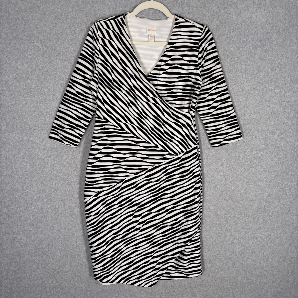 Chicos Asymmetric Wrap Texture Pencil Dress Small Black White Zebra Knit Stretch